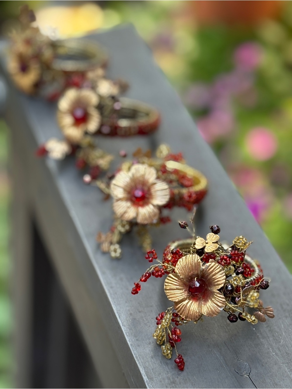Vintage Pier 1, Beaded Floral Napkin Rings Set of 4 | Gold, Copper & Ruby Red